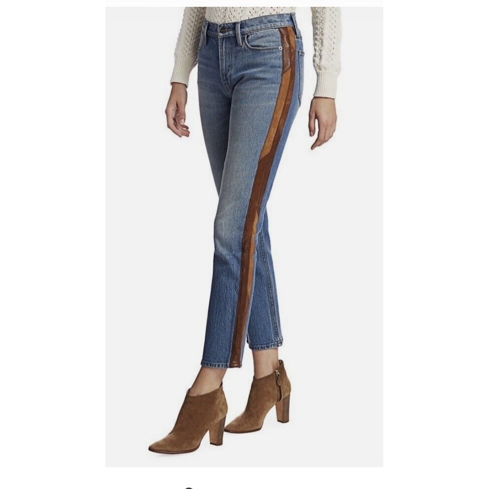 FRAME  LE HIGH Straight -Leg Paneled Leather Tuxedo Stripe Jeans 27